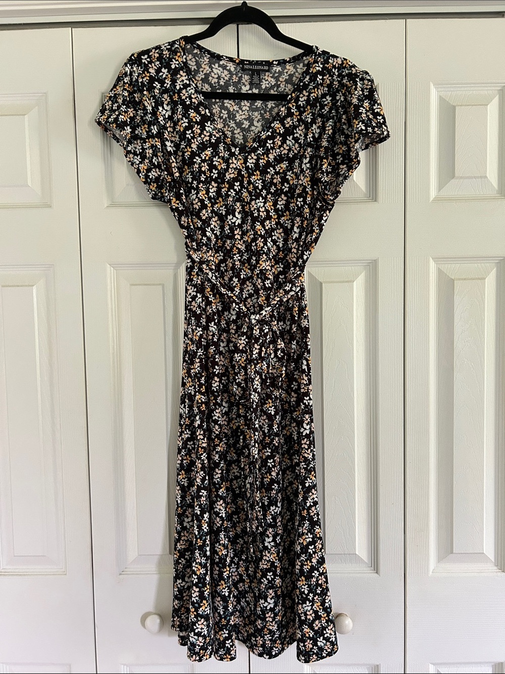 Nina Leonard Black Floral Midi Dress